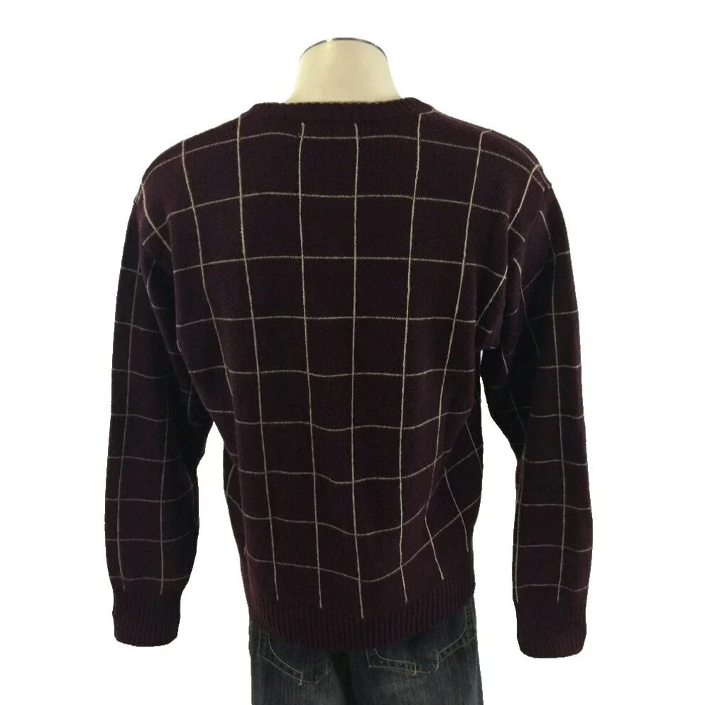 Orvis Vneck 100% Wool Sweater M Maroon‎ Gold Checks Golf Fishing Mens